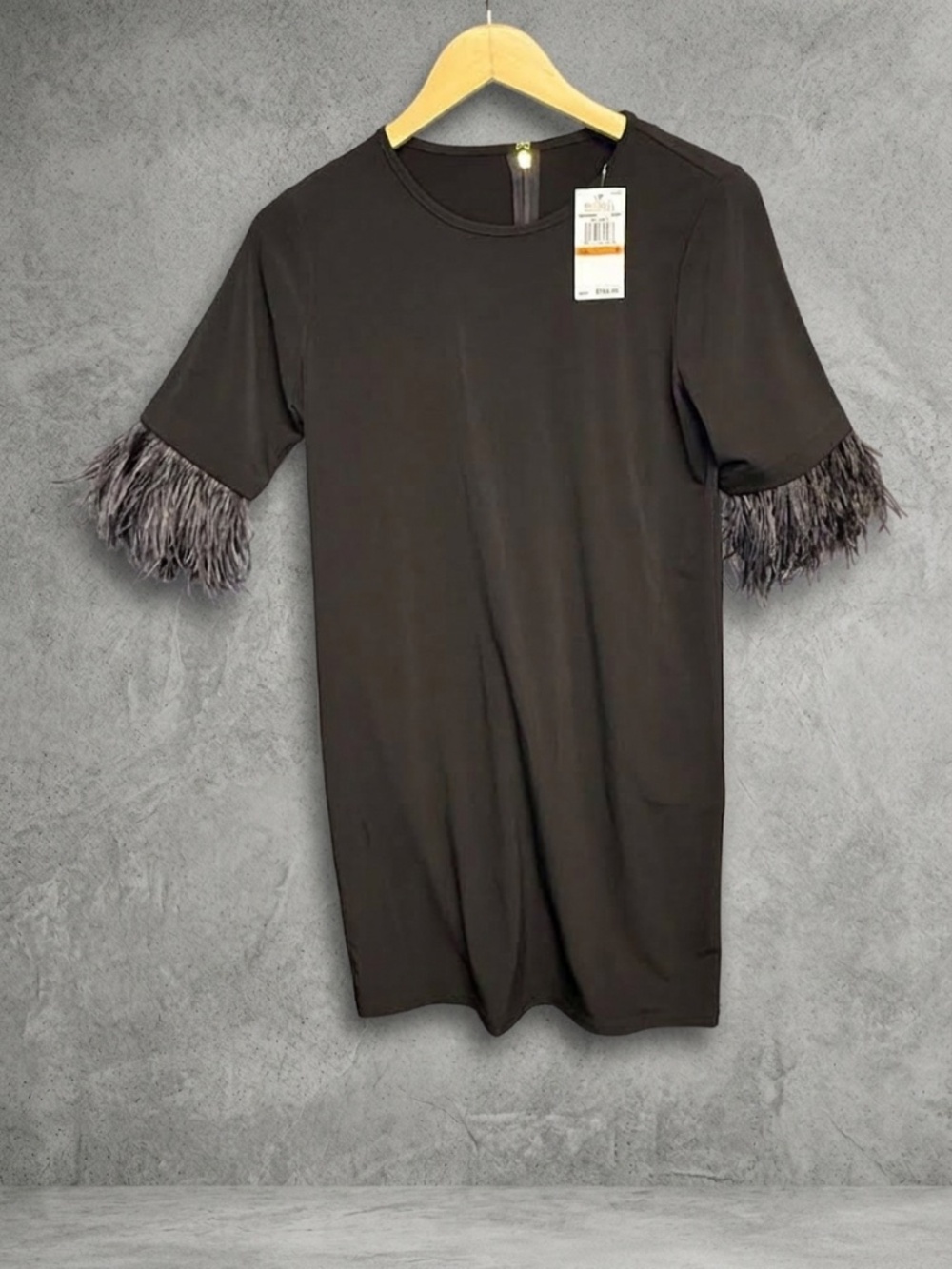 NWT Michael Kors Feather Sleeve Shift Dress S Black Ostrich Feather Cuff Mini